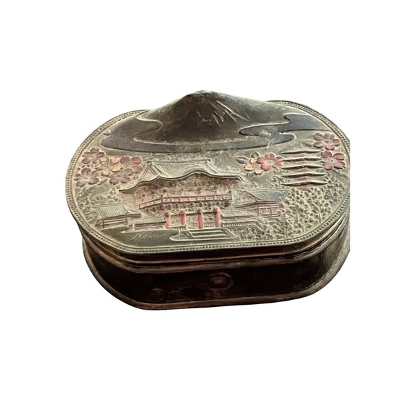 Unbranded Other - Vintage Japan Fuji Pagoda Trinket Scenic Keepsake Box Small Silver Oval Hinged